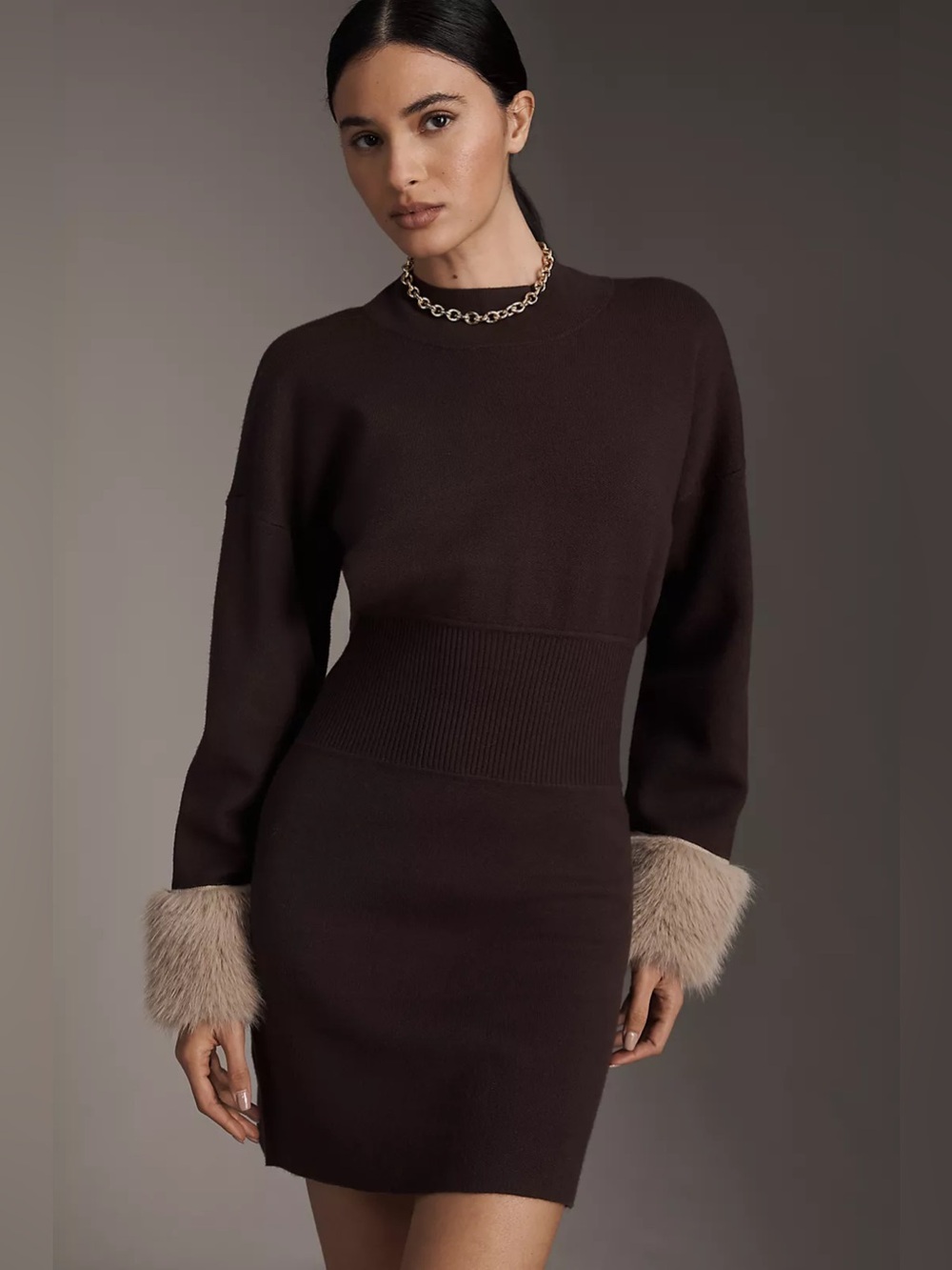 Anthropologie Long Sleeve Faux Fur Trim Sweater Mini Dress-Brown-sz x-large-NWT